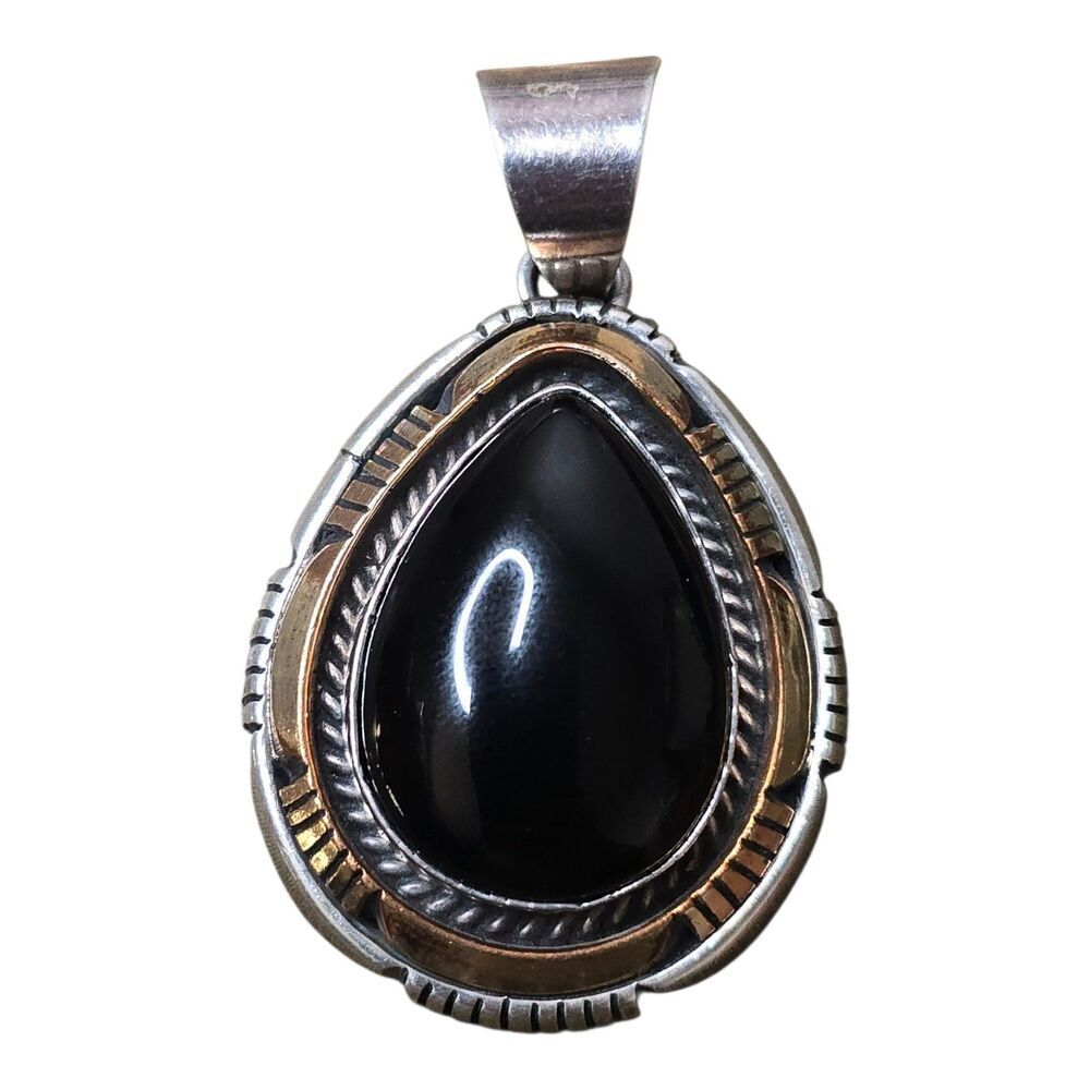 STERLING SILVER BLACK ONYX TEARDROP PENDANT NATIVE AMERICAN NAVAJO 1/20 GF